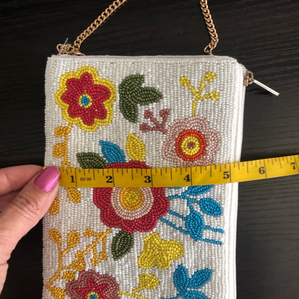Jane Marie Beaded Floral Crossbody Bag White Gold Chain Strap Small Pouch Boho - Picture 10 of 11
